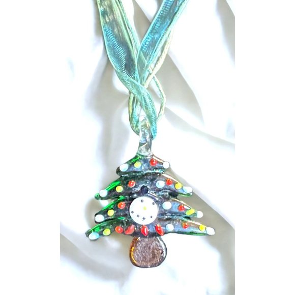 Fused Glass Necklace Christmas Tree Snowman Holiday Jewelry - Picture 3 of 9